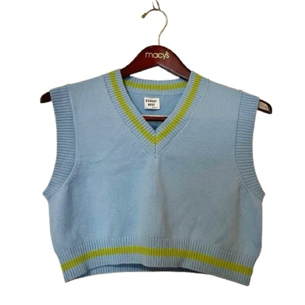 Aritzia Sunday Best Merino Wool Cotton Blue Green Knit Cropped Sweater Vest Sz S - Picture 2 of 13